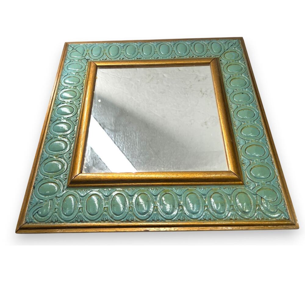 40's-50' vintage wall handing mirror pastel mint green verdigris embossed wooden